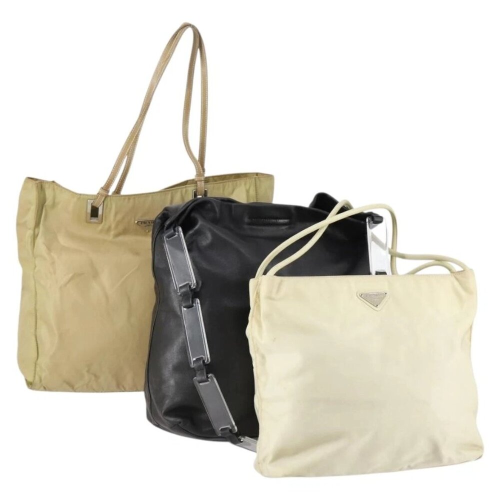 PRADA Tote Bag Nylon Leather 3 Set Beige Black Auth bs30533